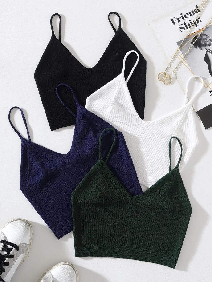 INAWLY 4pcs Solid Crop Knit Top - Multicolor - View 1