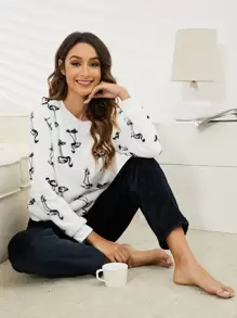 Flamingo Pattern Flannel Top & Trousers PJ Set - Multicolor - View 1