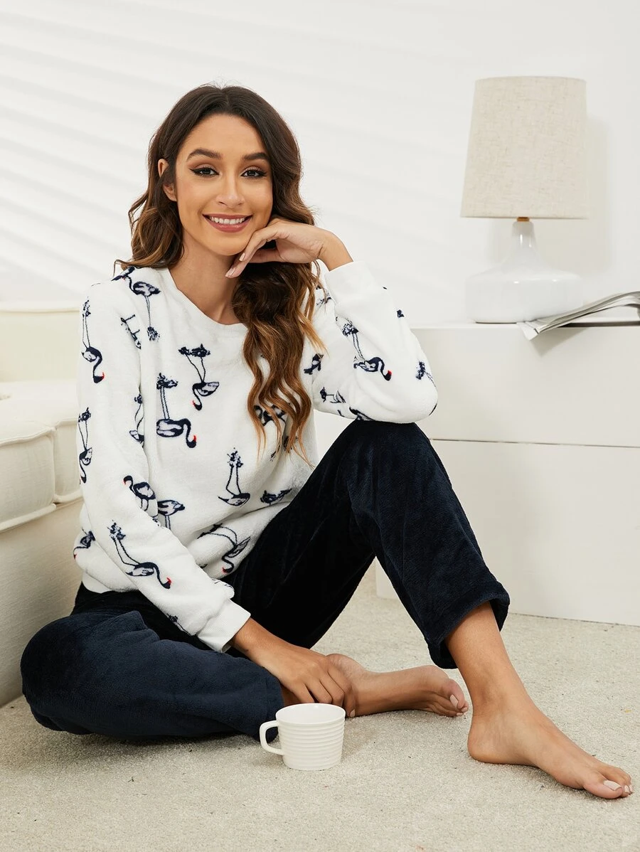 Flamingo Pattern Flannel Top & Trousers PJ Set - Multicolor - View 1