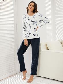 Flamingo Pattern Flannel Top & Trousers PJ Set - Multicolor - View 5