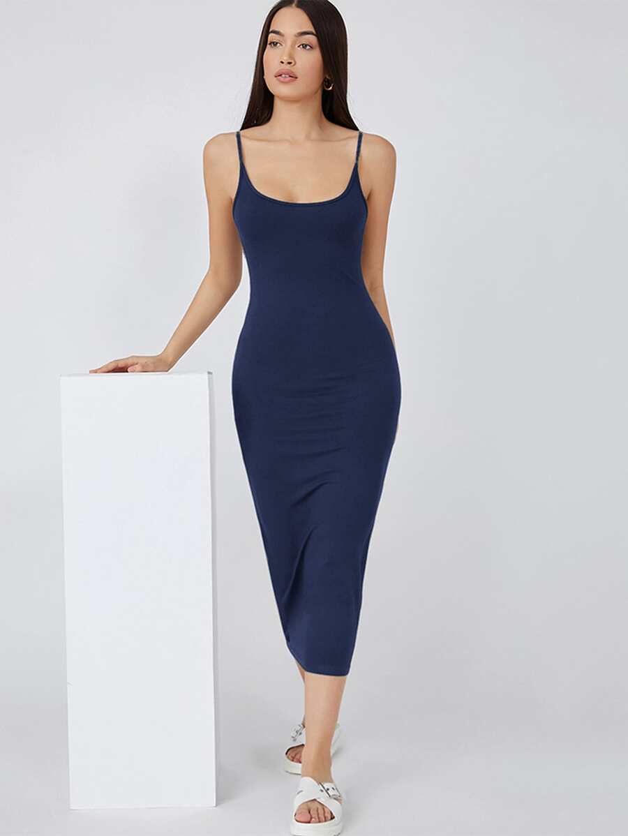 SHEIN BASICS Chất rắn Quần áo bó Cami Ngày đêm Đầm - Màu xanh hải quân - Xem 1