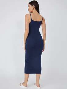 SHEIN BASICS Chất rắn Quần áo bó Cami Ngày đêm Đầm - Màu xanh hải quân - Xem 2