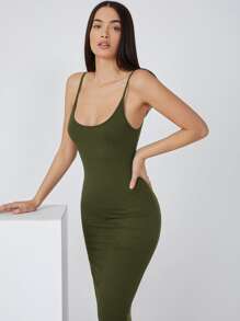 SHEIN BASICS 純色雙肩帶貼身休閒晚宴約會連身裙 - 軍綠色 - 查看 6