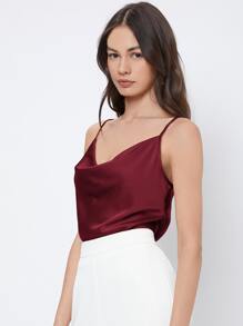 BizChic 女士无袖缎面吊带背心，浪漫优雅纯色休闲商务通勤装，适合办公室、日常、秋季 - 酒紅色 - 查看 5