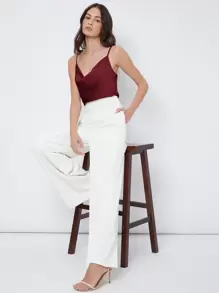 BizChic 女士无袖缎面吊带背心，浪漫优雅纯色休闲商务通勤装，适合办公室、日常、秋季 - 酒紅色 - 查看 3