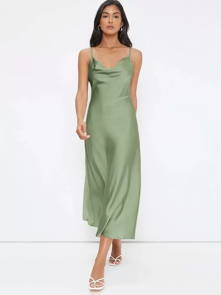 shein silk dress SHEIN Belle Solid Wrap Knot Side Satin Dress Maxi Women Outfit