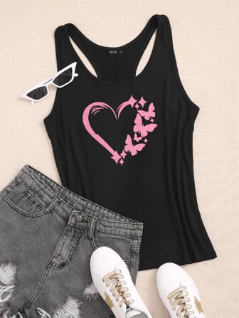 Plus Heart & Butterfly Print Tank Top Graphic Tees Women Tops