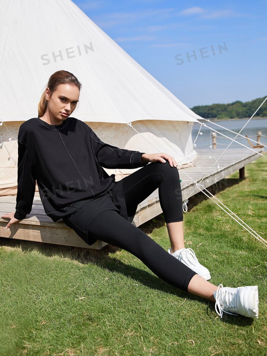 SHEIN Essnce Pullover de hombros caídos - Negro - Ver 1