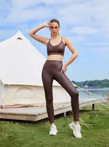 SHEIN Crop Criss-Cross Sports Bra - Chocolate Brown - View 5