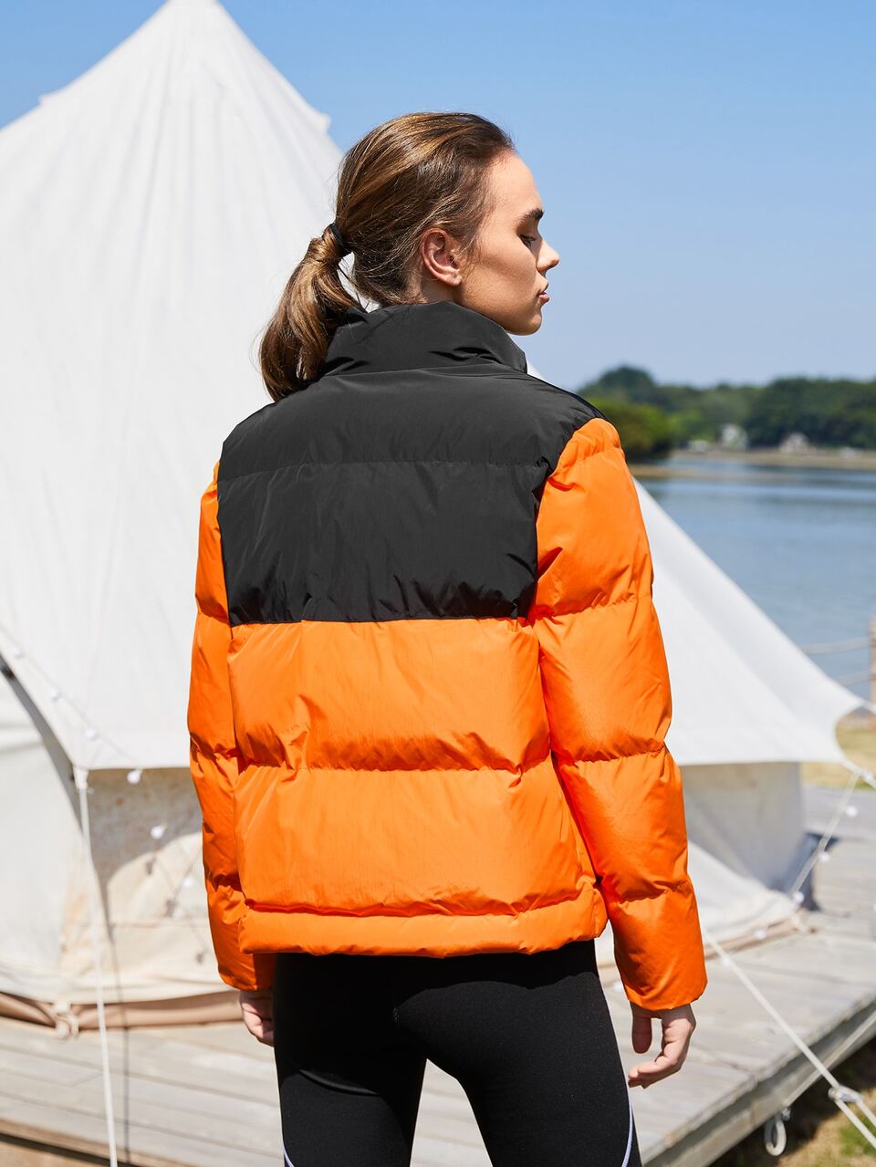 Colorblock Embroidery Padded Coat