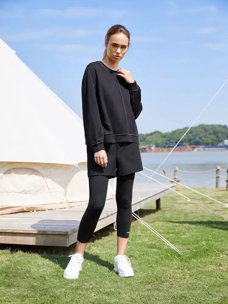 SHEIN EZwear Shorts viscosa de pierna recta - Negro - Añade 3