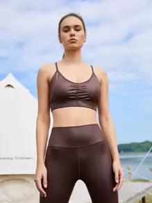 SHEIN Crop Criss-Cross Sports Bra - Chocolate Brown - View 10