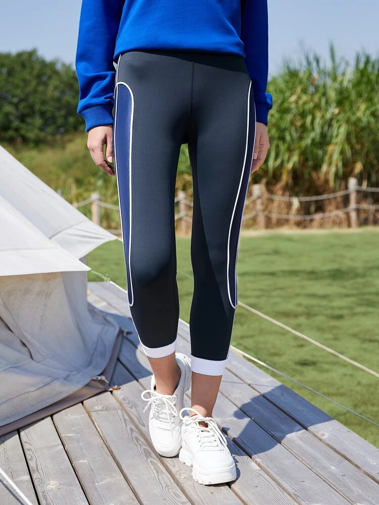 Contrast Piping Cropped Sports Leggings