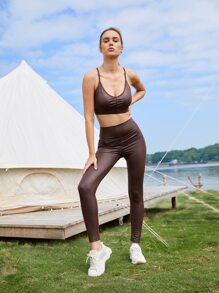 SHEIN Sujetador deportivo corto cruzado - Marrón Chocolate - Ver 8