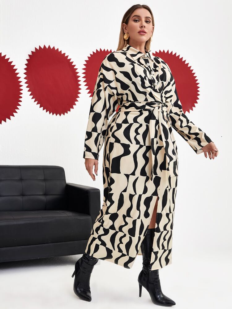 SHEIN Unity Vestido camisero con estampado geométrico de hombros caídos con cinturón - Multicolor - Añade 1