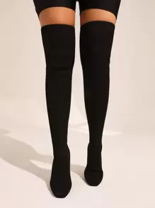 女鞋極簡主義尖頭粗跟過膝黑靴 - 黑色 - 查看 7