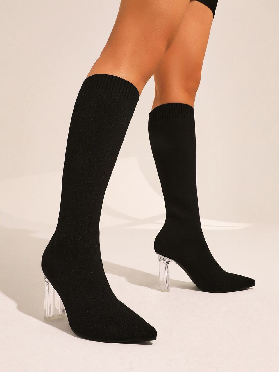 CUCCOO BASICS Women Shoes Minimalist Fashion Knit Detail Point Toe Black Sock Boots Vacation Shoes Summer