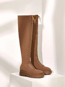 Minimalist Lace-up Front Boots - Brown - View 2