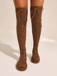 Minimalist Lace-up Front Boots - Brown - View 6