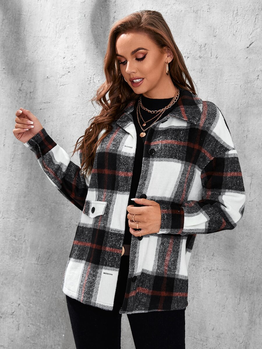 SHEIN Tall Plaid Drop Shoulder Overcoat - Multicolor - View 1