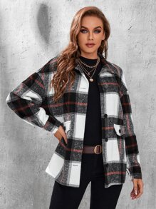 SHEIN Tall Plaid Drop Shoulder Overcoat - Multicolor - View 3