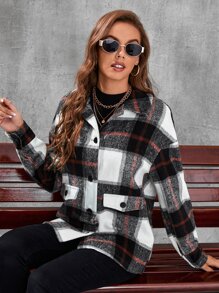 SHEIN Tall Plaid Drop Shoulder Overcoat - Multicolor - View 6