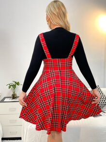 Plus Tartan Print Flare Hem Pinafore Dress Without Tee - Red - View 2