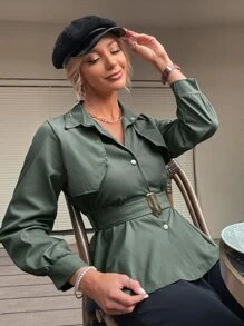 GENKIRA 荷葉擺腰帶風衣外套 - 軍綠色 - 查看 1