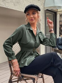 GENKIRA 荷葉擺腰帶風衣外套 - 軍綠色 - 查看 3