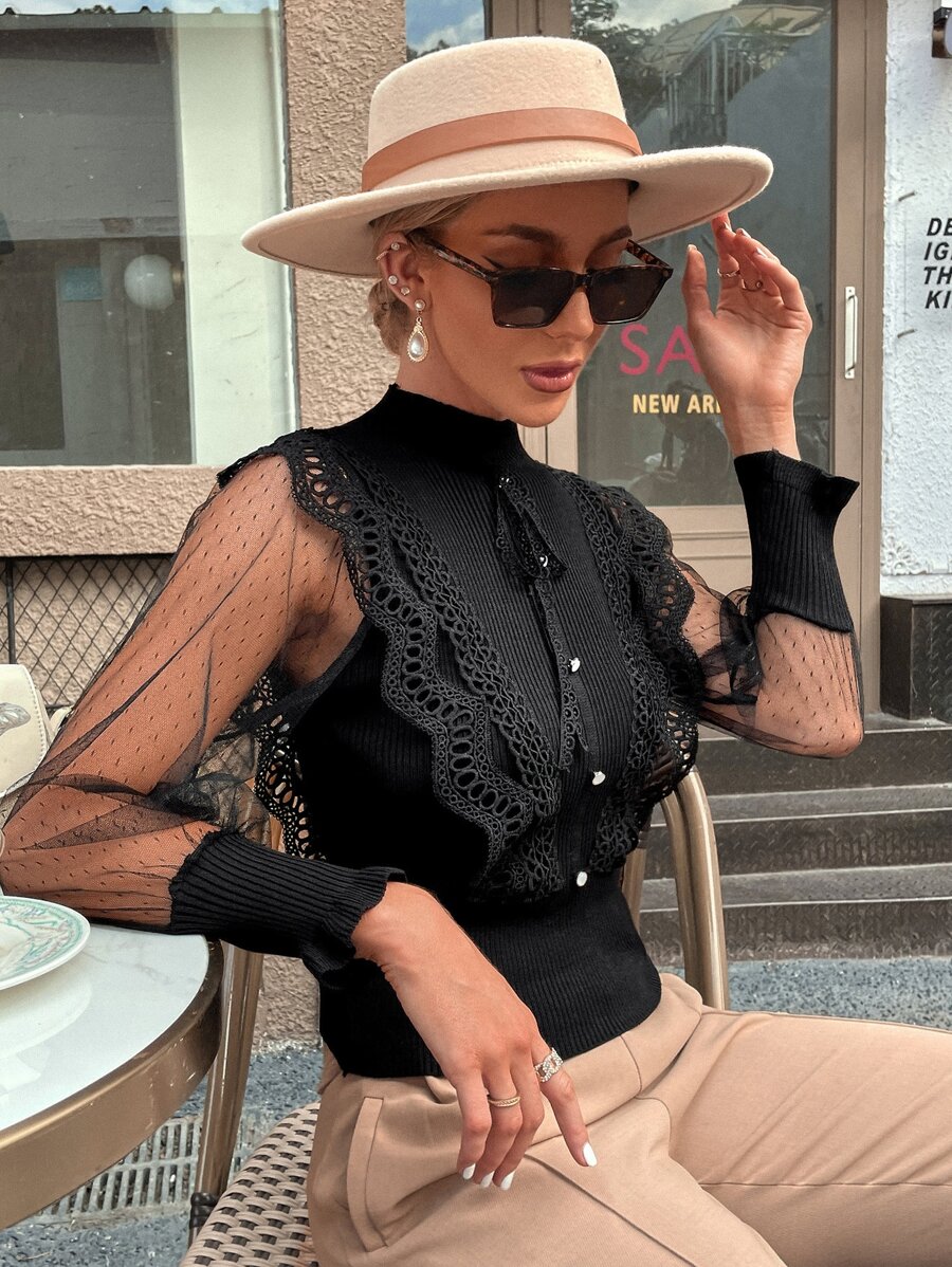 GENKIRA Áo sơ mi nữ Tương phản ren Tương phản Mesh Nút phía trước màu trơn Thanh lịch - màu đen - Xem 1