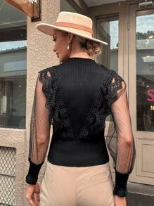 GENKIRA Áo sơ mi nữ Tương phản ren Tương phản Mesh Nút phía trước màu trơn Thanh lịch - màu đen - Xem 2