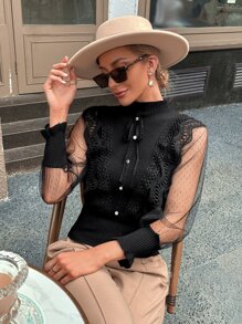 GENKIRA Áo sơ mi nữ Tương phản ren Tương phản Mesh Nút phía trước màu trơn Thanh lịch - màu đen - Xem 3