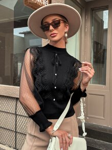 GENKIRA Áo sơ mi nữ Tương phản ren Tương phản Mesh Nút phía trước màu trơn Thanh lịch - màu đen - Xem 4