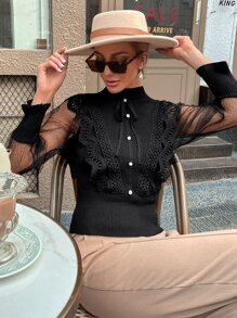 GENKIRA Áo sơ mi nữ Tương phản ren Tương phản Mesh Nút phía trước màu trơn Thanh lịch - màu đen - Xem 5