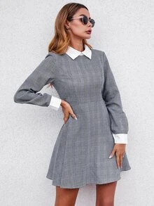 格子呢圖案拼接領A字連衣裙 - 灰色 - 查看 3