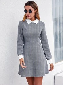 格子呢圖案拼接領A字連衣裙 - 灰色 - 查看 4