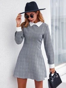 格子呢圖案拼接領A字連衣裙 - 灰色 - 查看 5