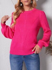 SHEIN LUNE 條紋針織燈籠袖套頭毛衣 - 玫紅色 - 查看 1