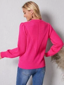 SHEIN LUNE 條紋針織燈籠袖套頭毛衣 - 玫紅色 - 查看 2