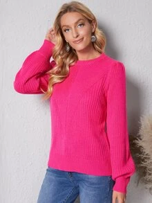 SHEIN LUNE 條紋針織燈籠袖套頭毛衣 - 玫紅色 - 查看 3