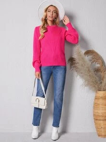 SHEIN LUNE 條紋針織燈籠袖套頭毛衣 - 玫紅色 - 查看 4