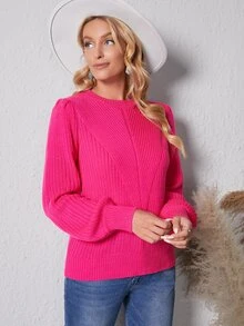 SHEIN LUNE 條紋針織燈籠袖套頭毛衣 - 玫紅色 - 查看 5