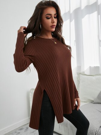 RueChic Split Hem Ribbed Knit Sweater