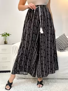 SHEIN Unity Plus Geo Print Tie Front Wide Leg Trousers - Black - View 1