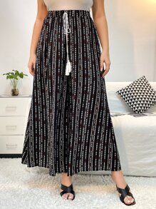 SHEIN Unity Plus Geo Print Tie Front Wide Leg Trousers - Black - View 3
