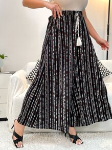 SHEIN Unity Plus Geo Print Tie Front Wide Leg Trousers - Black - View 7