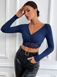 SHEIN Privé Solid Plunging Neck Contrast Lace Hem Crop Tee - Navy Blue - View 3
