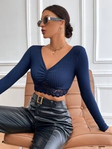 SHEIN Privé Solid Plunging Neck Contrast Lace Hem Crop Tee - Navy Blue - View 6