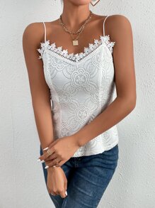 SHEIN BAE Solid Contrast Lace Cami Top - White - View 4