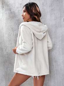 SHEIN PETITE 開門襟連帽法蘭絨外套 - 白色 - 查看 2